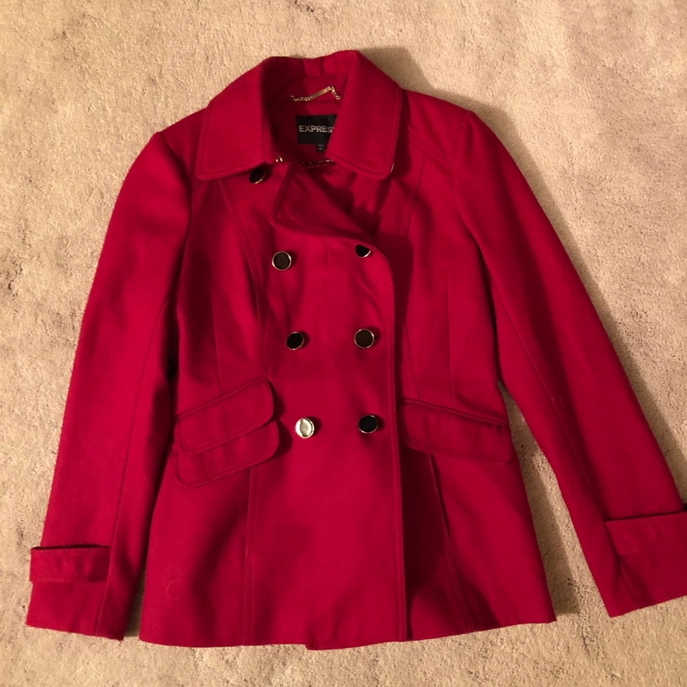 Express Women's Red Double-Breasted Wool Blend Peacoat